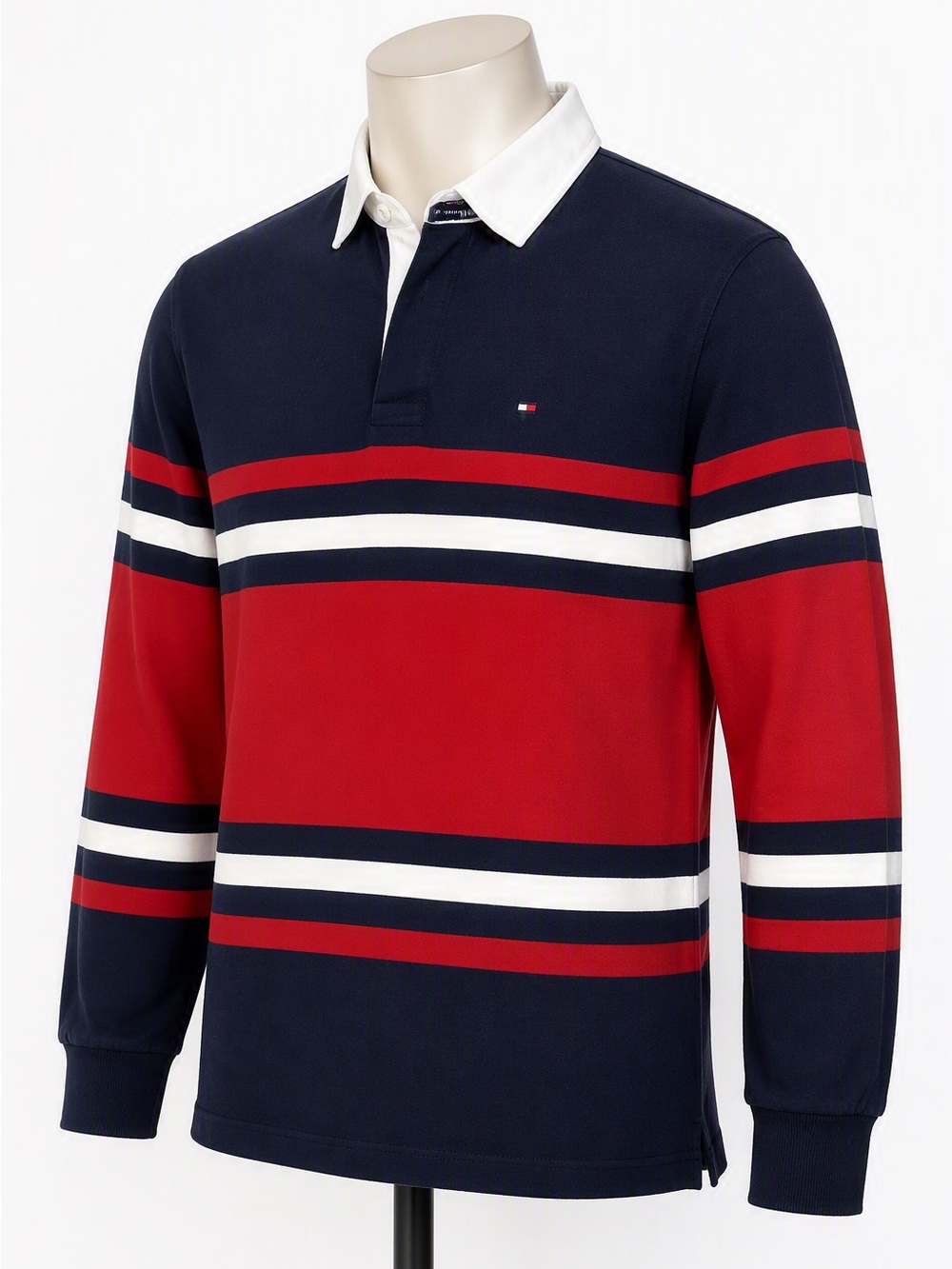Men's Tommy Hilfiger Rugby Shirt Size M Red Navy Stripe Long Sleeve 2007 Y2K
